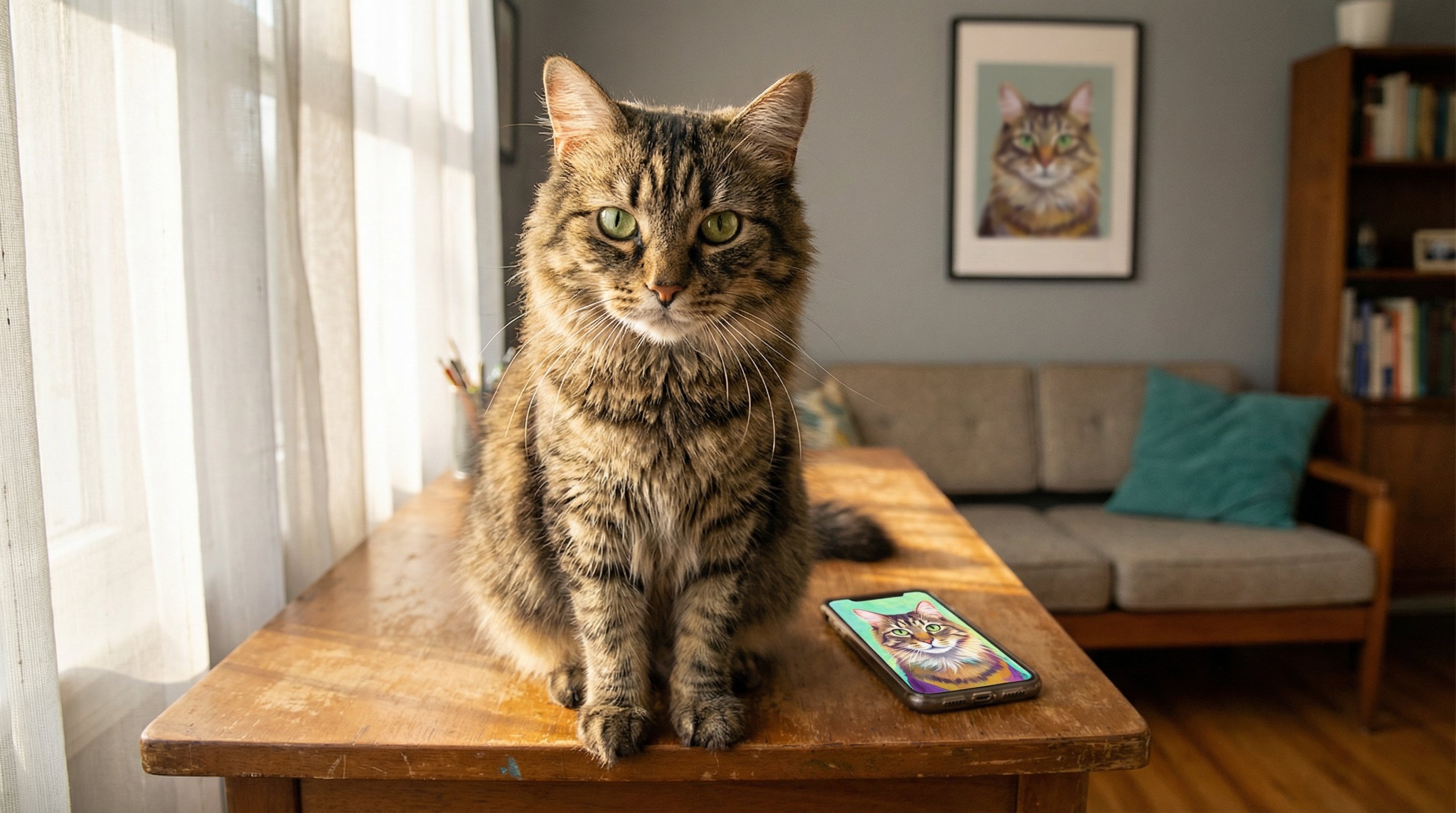 A tabby cat with green eyes sits beside a phone showing its custom portrait.