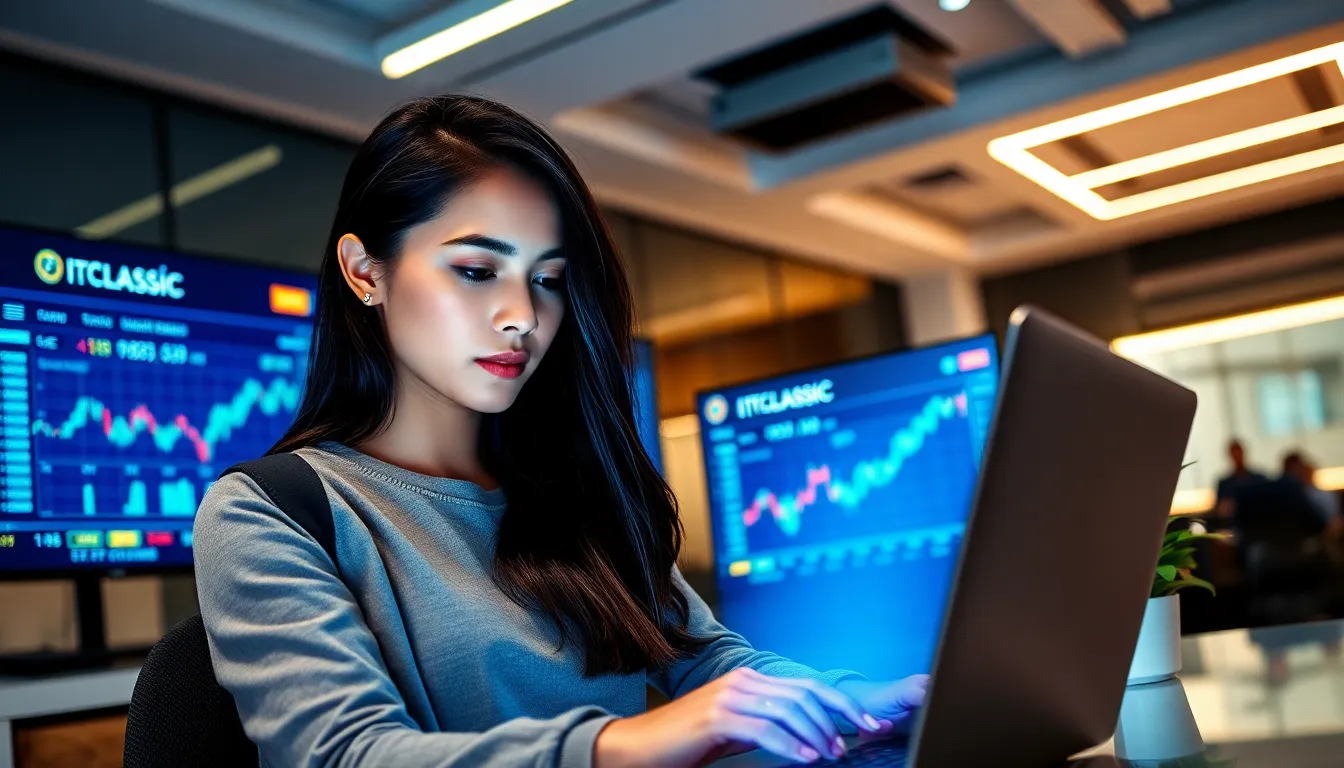 A woman using the BitClassic cryptocurrency platform in a modern office.