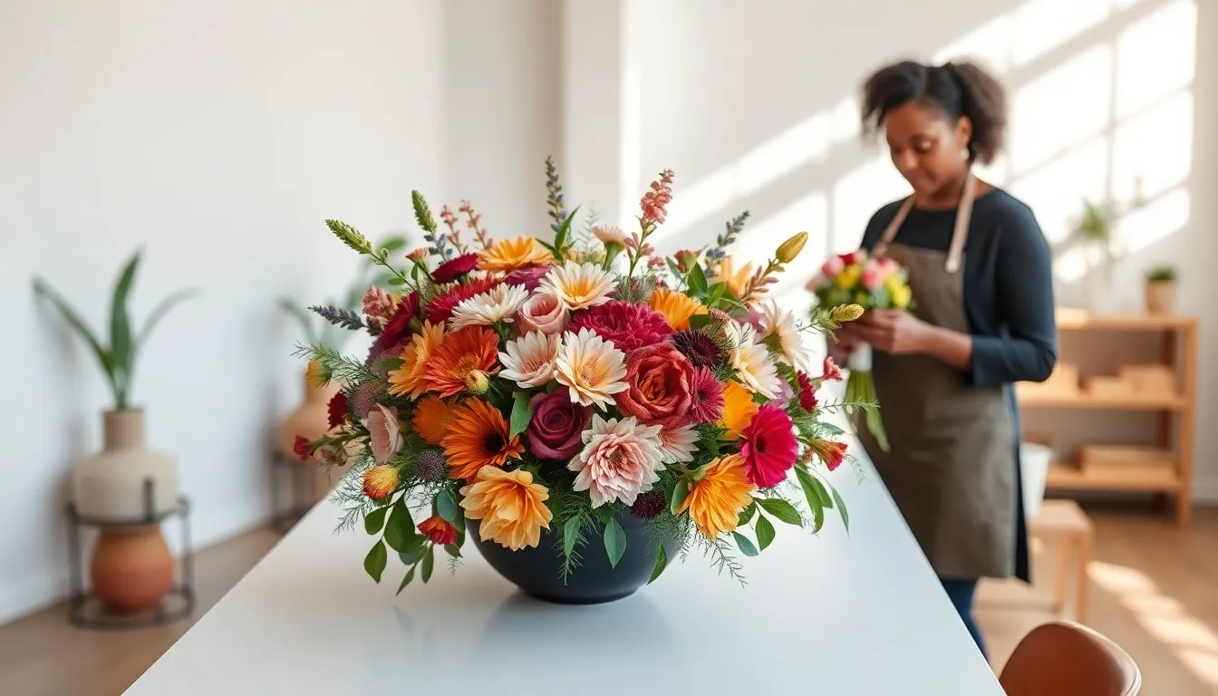 Diverse florists creating a unique floral arrangement in a modern studio.