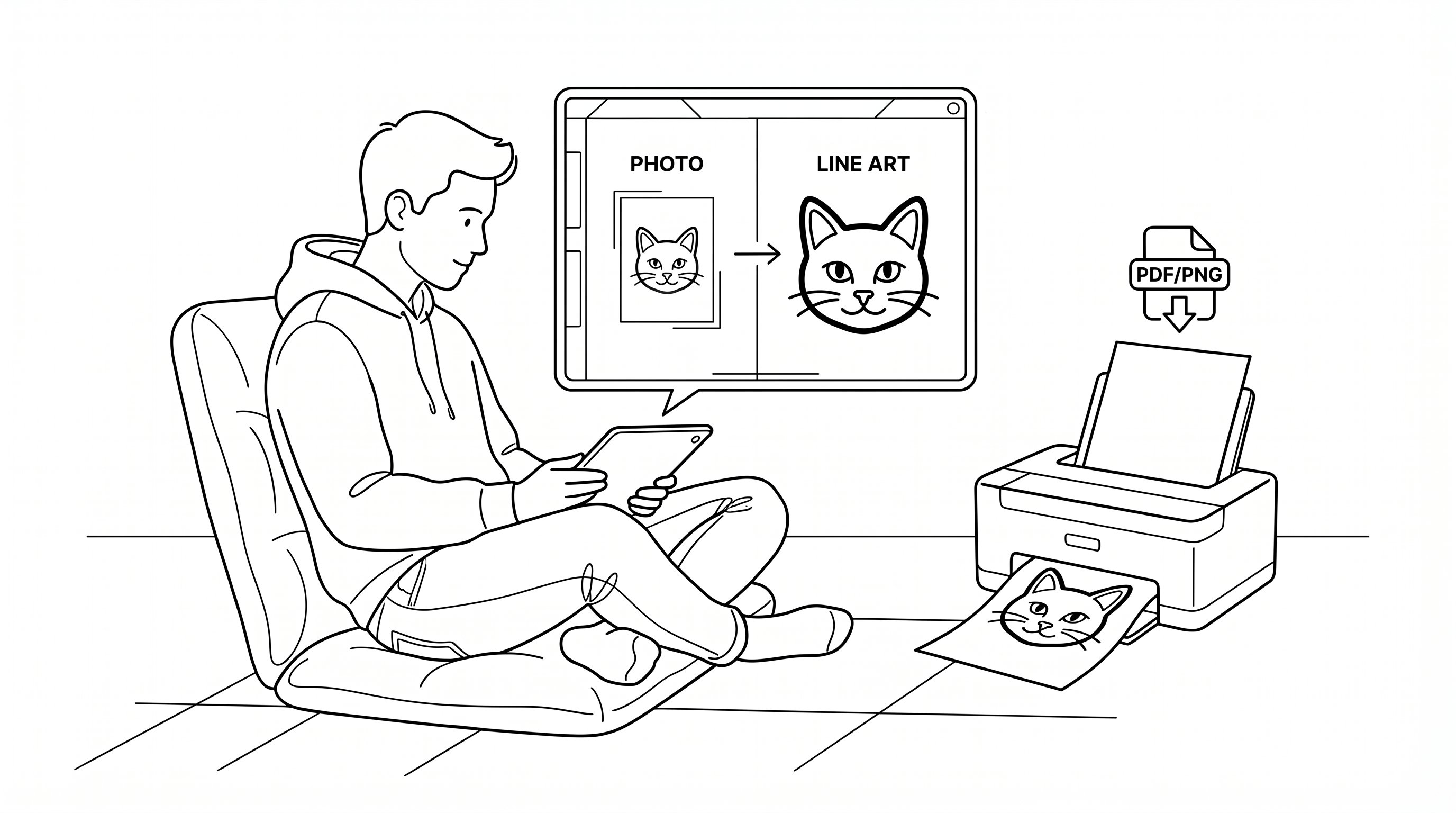 Person converting a photo into a printable coloring page on a laptop.