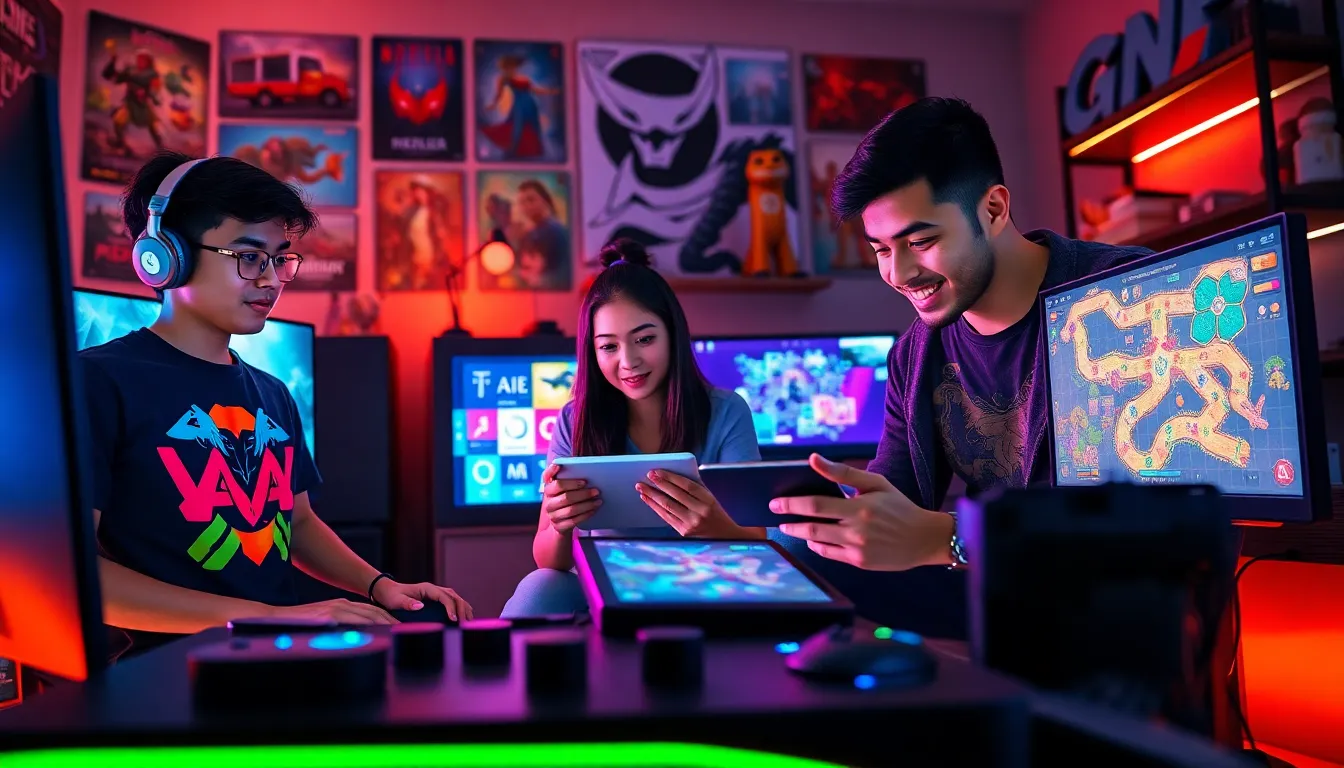 diverse gamers enjoying a colorful gaming setup at home.