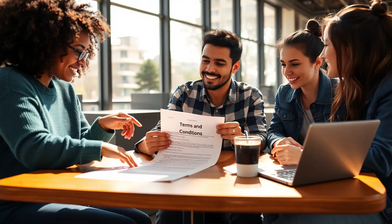 a group of diverse young adults discussing terms and conditions in a coffee shop.