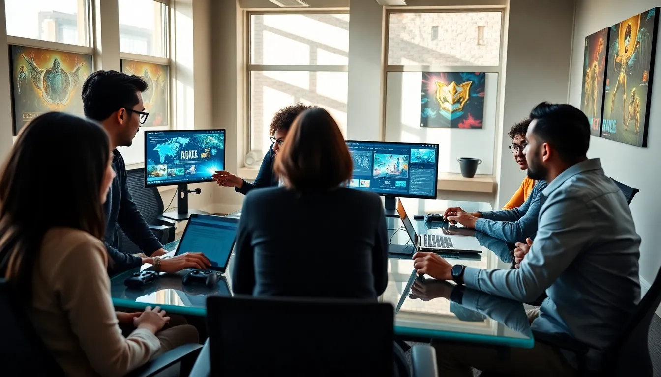 diverse team collaborating in a modern gaming studio.
