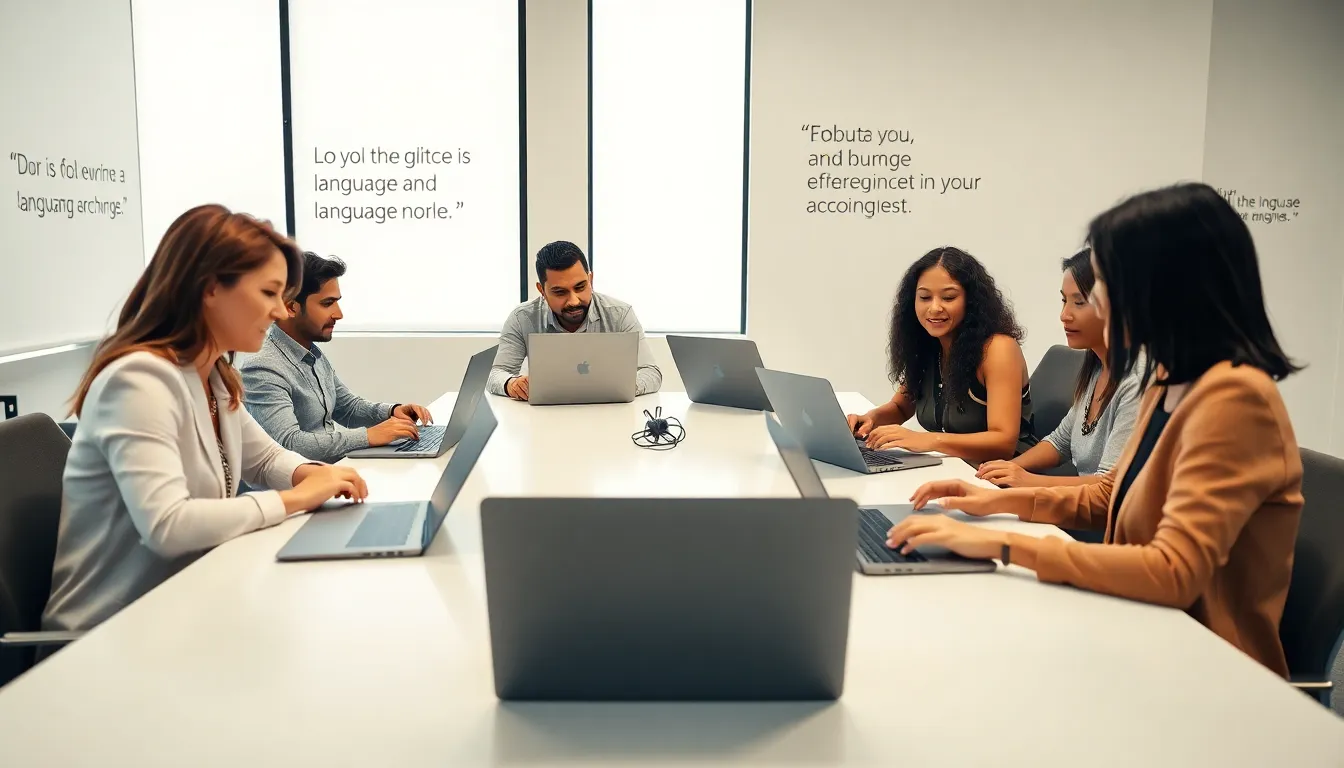 diverse professionals collaborating in a language learning session.
