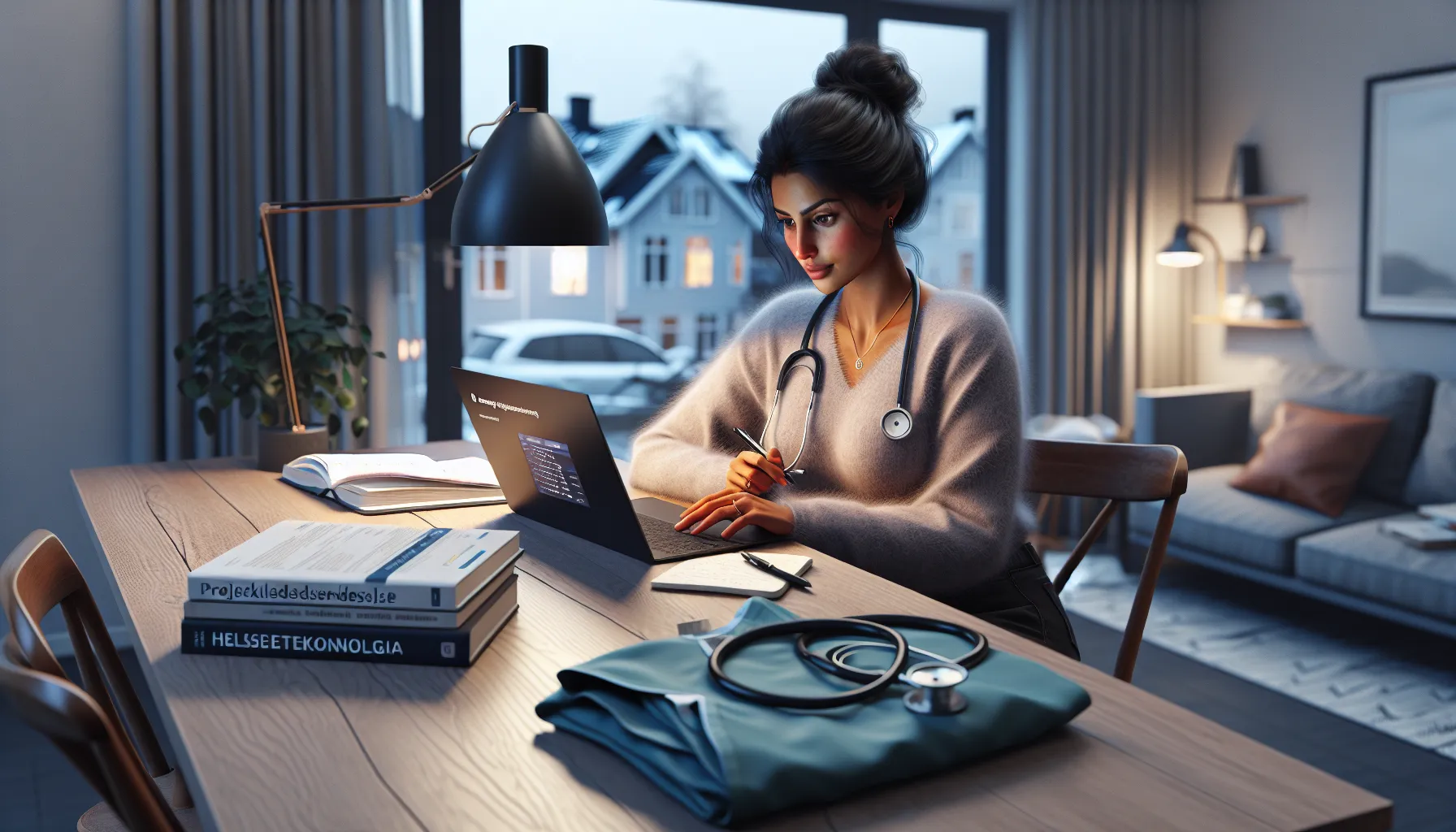 Norwegian woman studying online at night, bridging nursing background to new career.