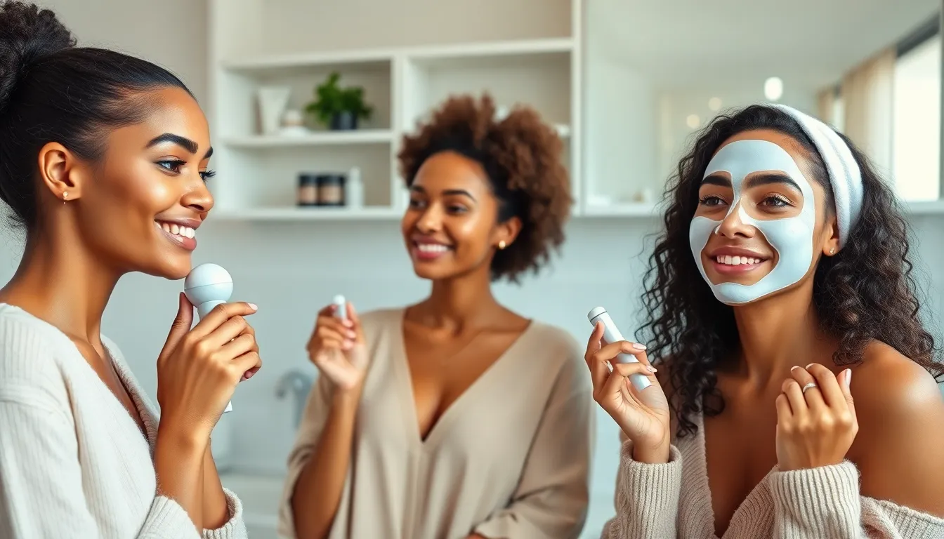Women using beauty gadgets in a modern bathroom setting.
