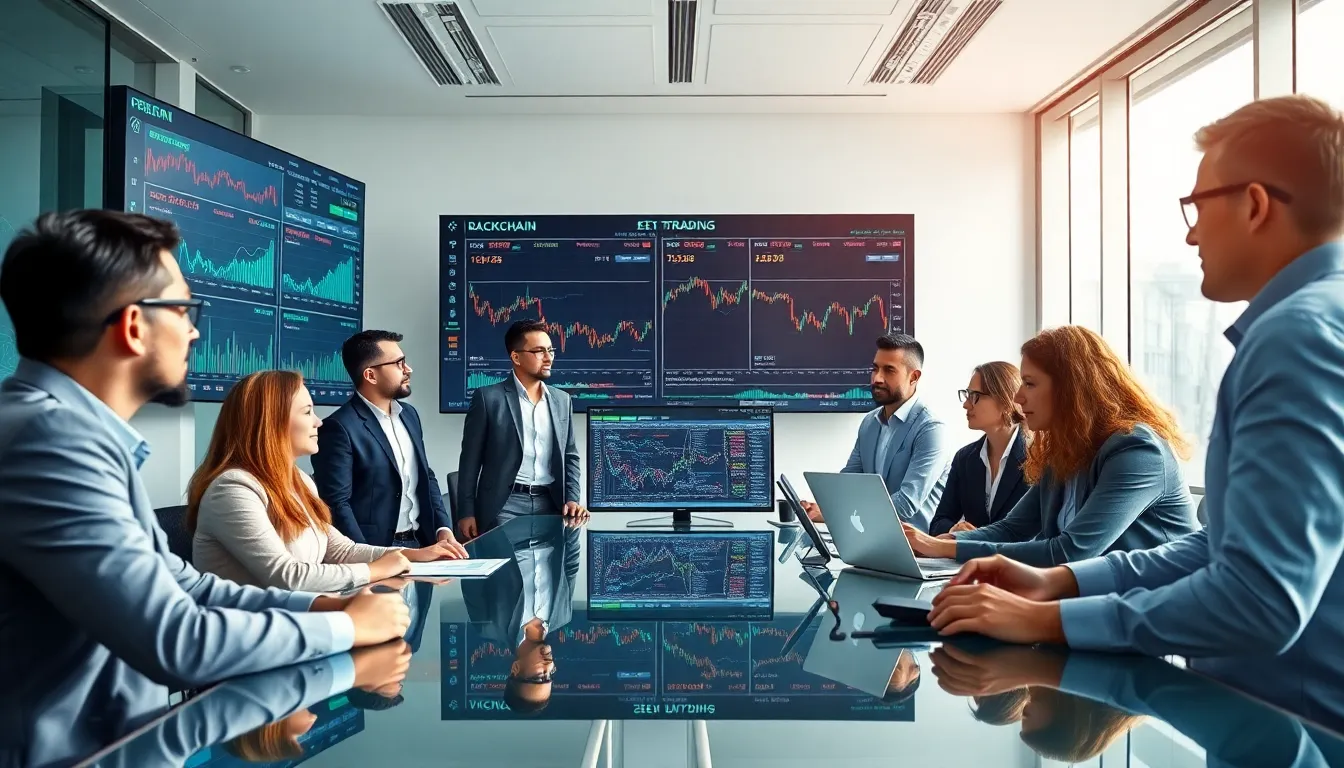 diverse team collaborating in a modern trading environment.