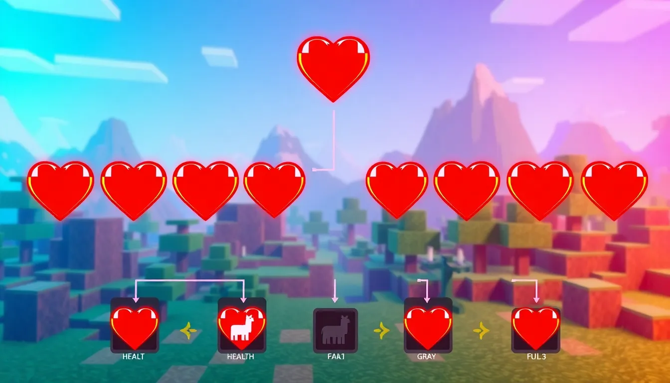 Animated hearts showing health in a vibrant Minecraft scene.