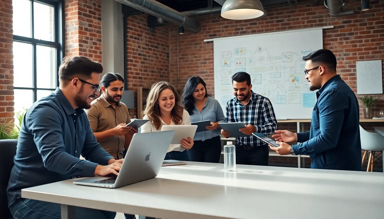 diverse team collaborating on mobile app development in a modern office.
