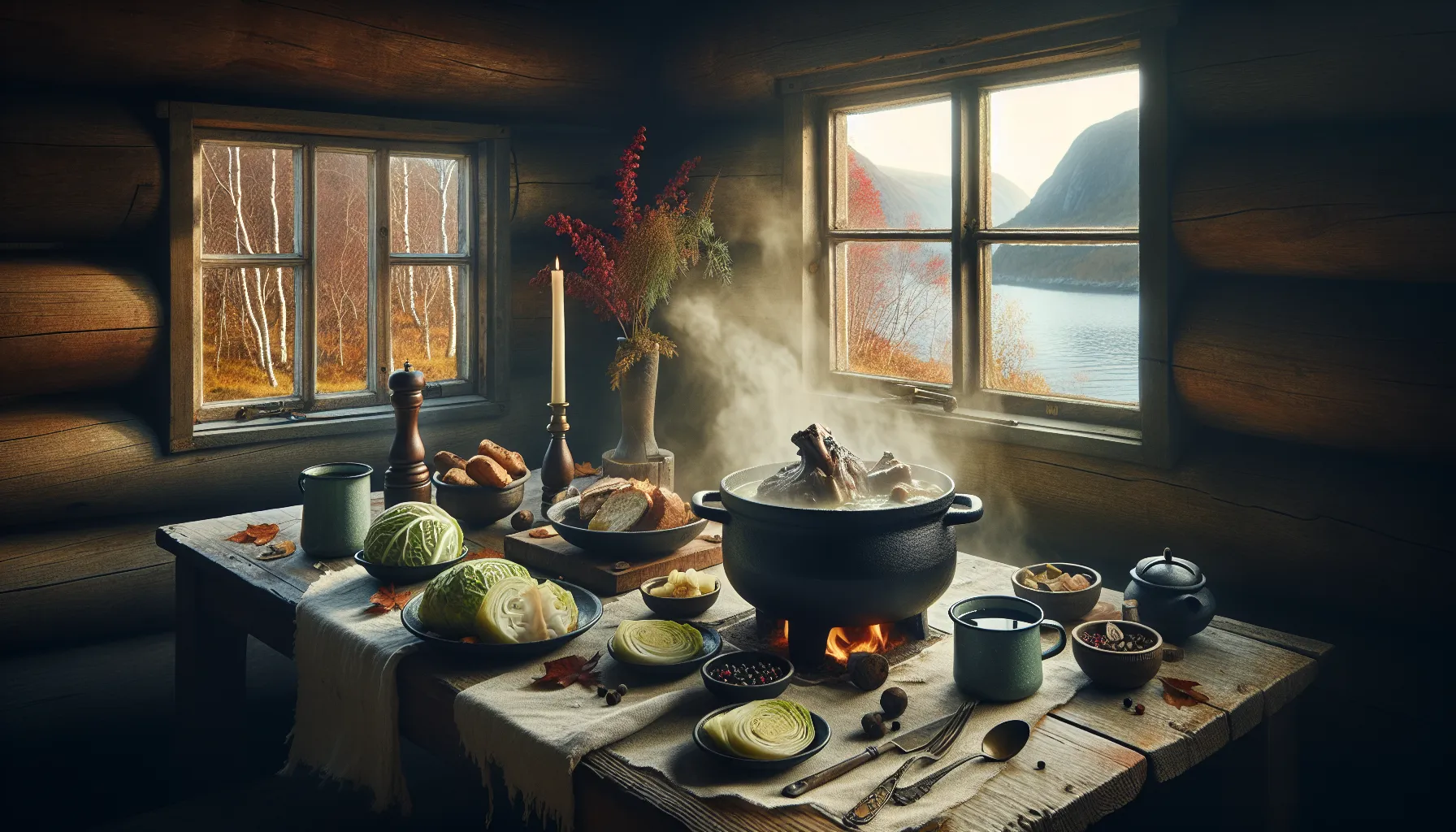 Autumn norwegian table with fårikål centerpiece and classic dishes surrounding.