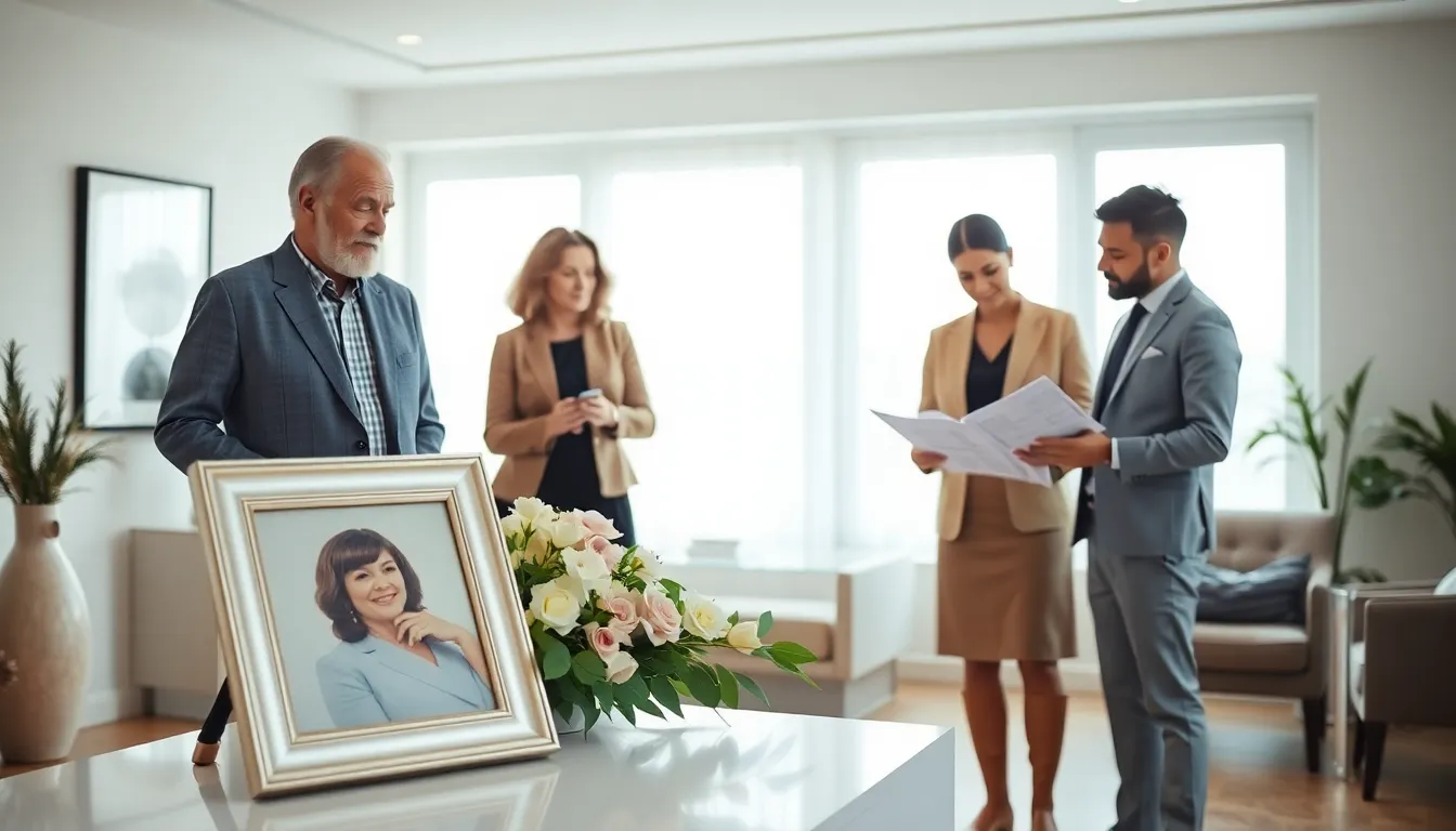 modern funeral home setting with a diverse group discussing an obituary.