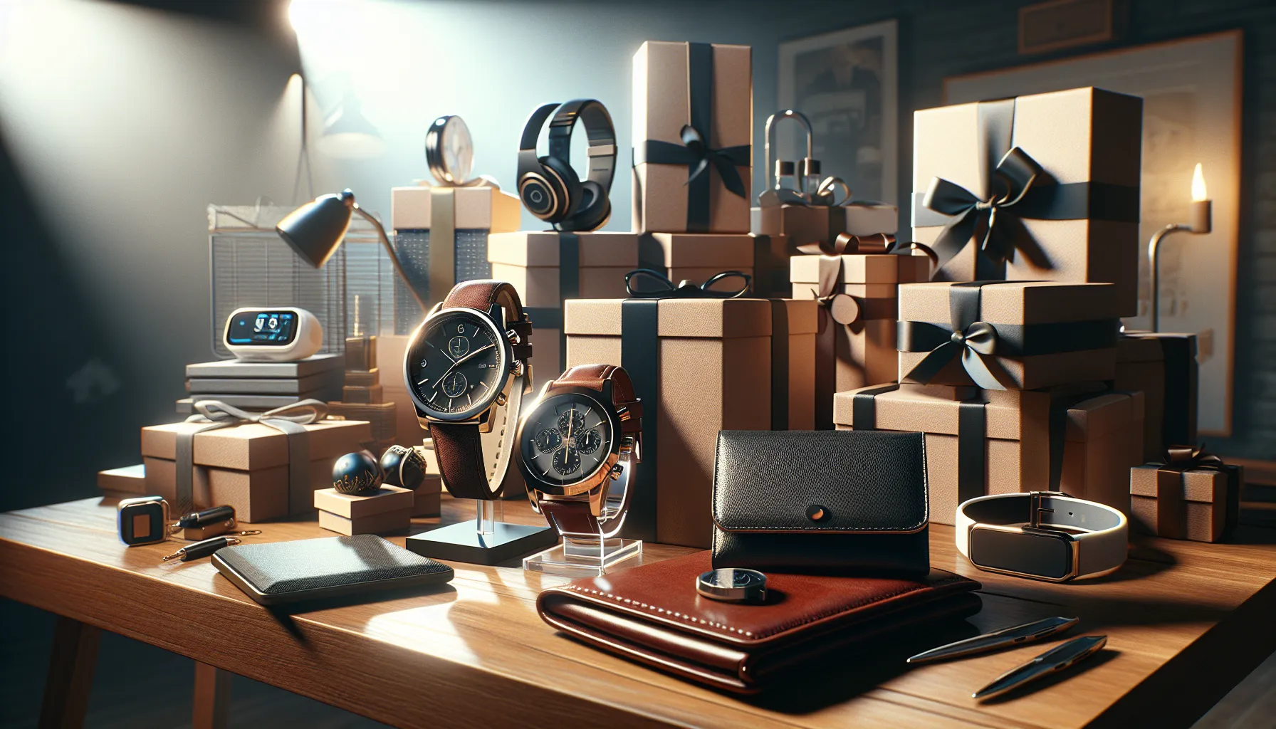 variety of stylish gifts for men displayed on a modern desk.