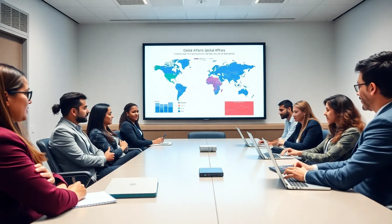 diverse graduate students discussing global affairs in a modern classroom.