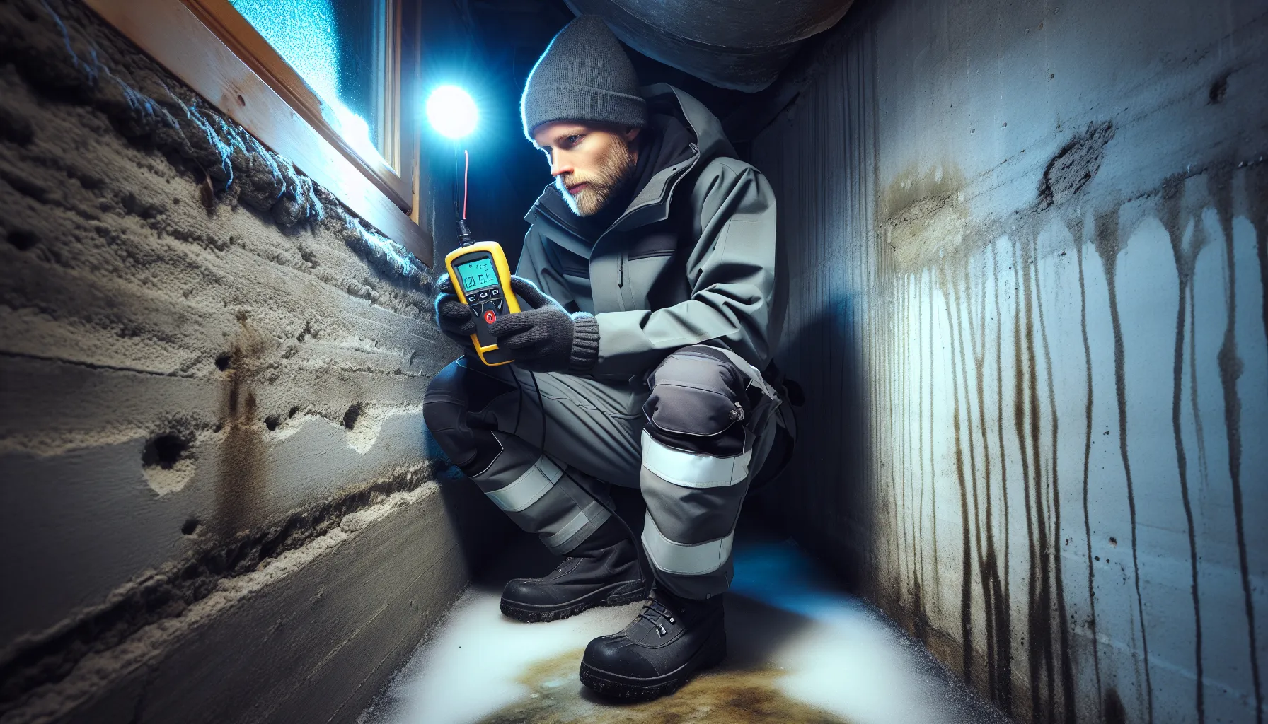 Slik bygger du en moderne og funksjonell kjeller 3 Inspector measures damp basement wall with moisture meter and radon monitor nearby.