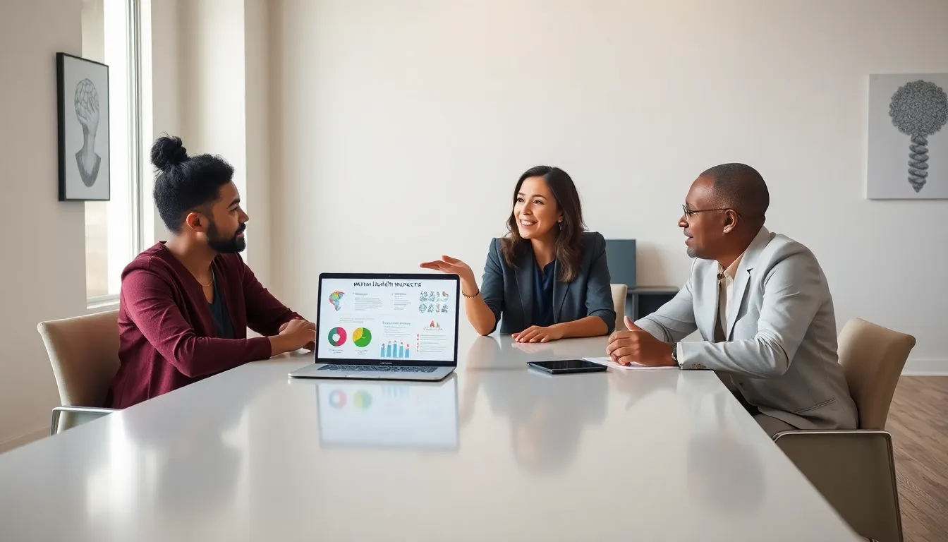 diverse professionals discussing mental health in a modern office.