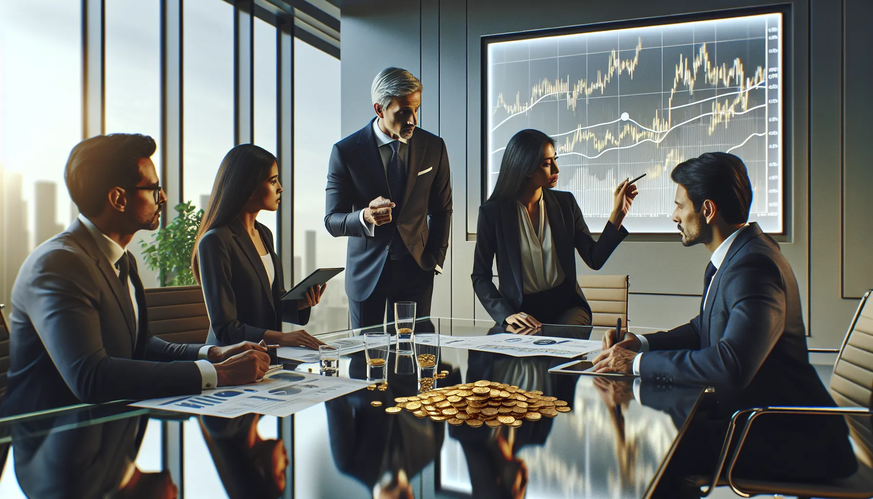 finance team discussing gold price trends in a modern office.