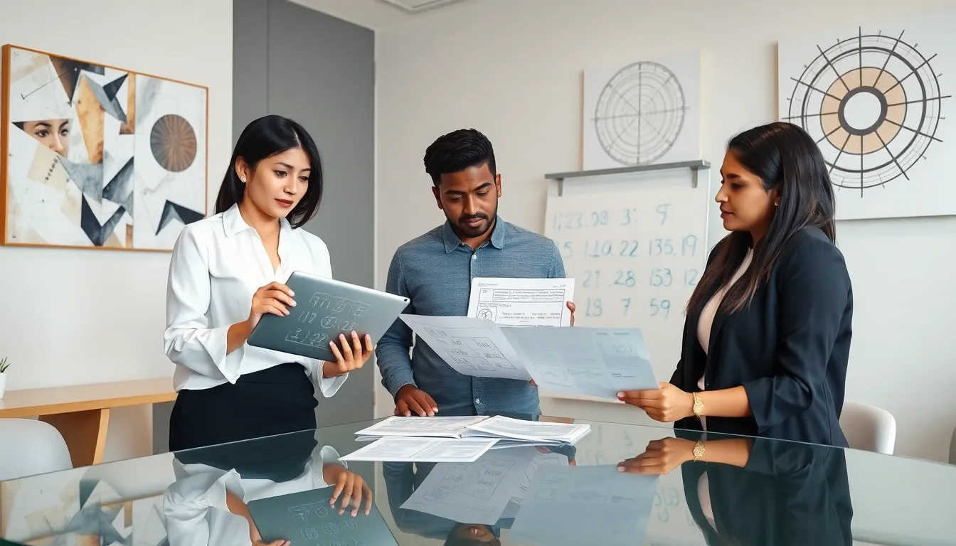 diverse professionals discussing numerology in a modern office.