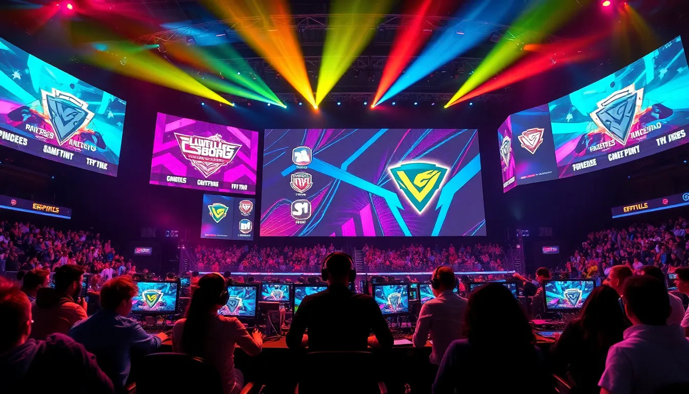 dynamic esports stage with professional gamers and vibrant audience.