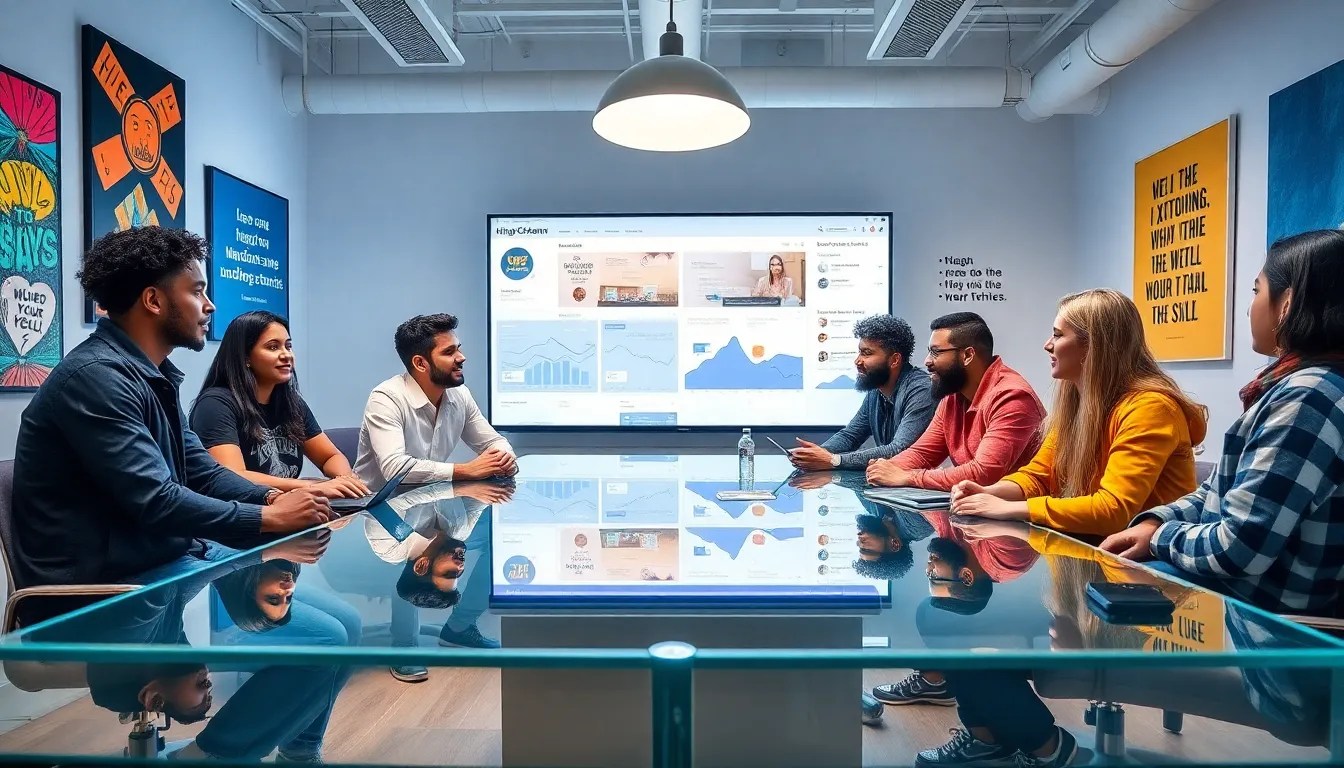 diverse team of content creators brainstorming in a modern workspace.