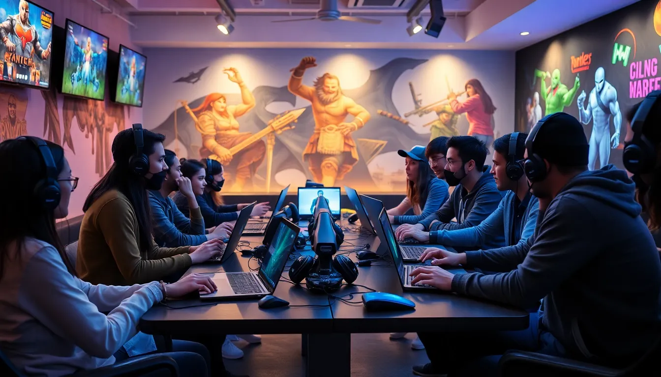 diverse group of gamers collaborating in a vibrant gaming lounge.