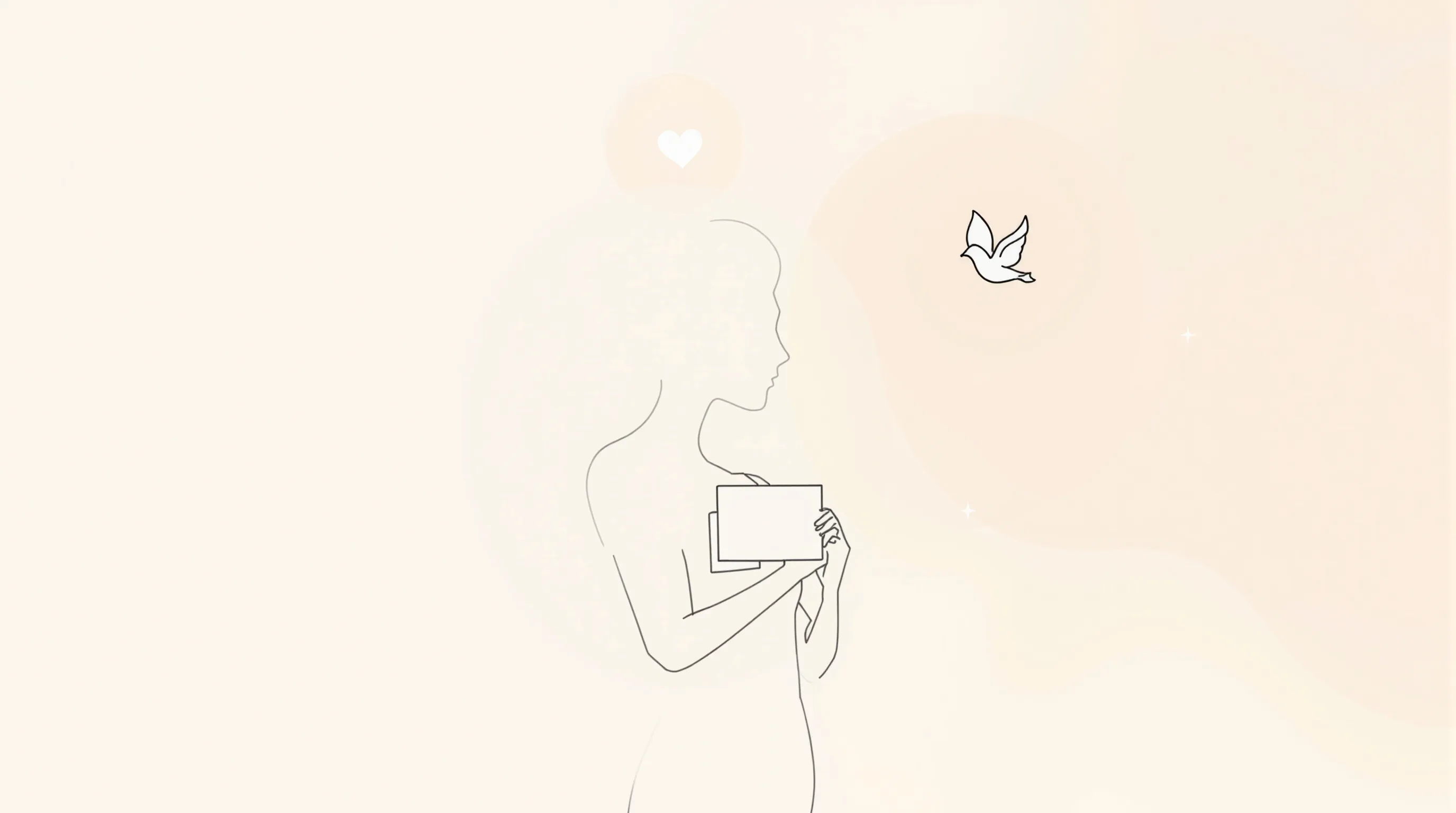 Minimalist female silhouette holding a card with heart and dove symbols on soft gradient.
