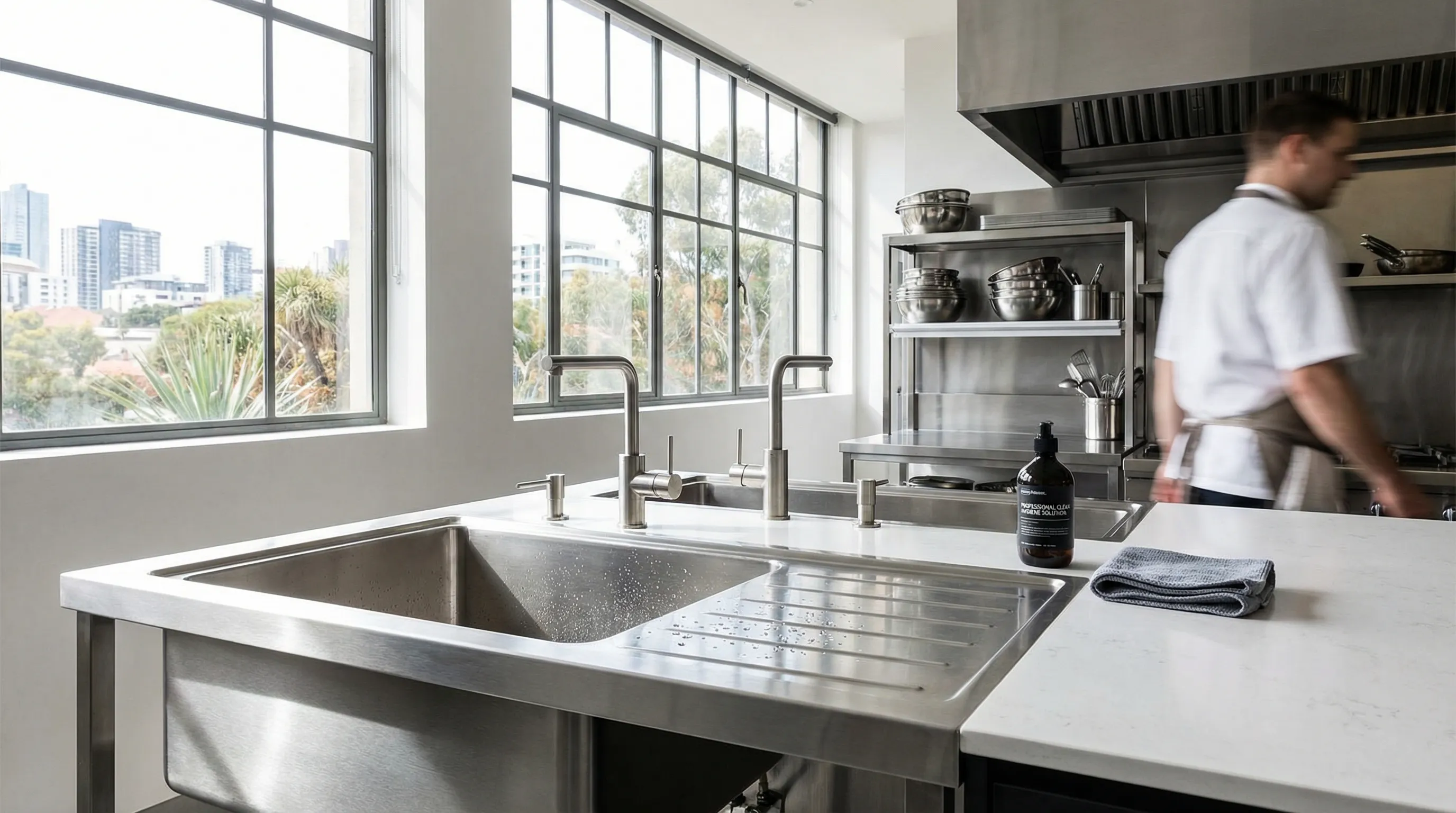 Spotless stainless steel sink in a bright modern kitchen.