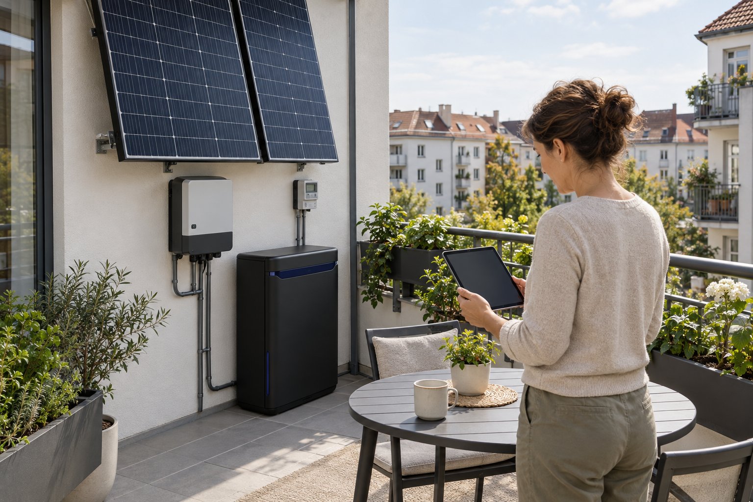 Vergleich von Solarmodulen und kompaktem Nachrüstspeicher an einem Wohngebäude