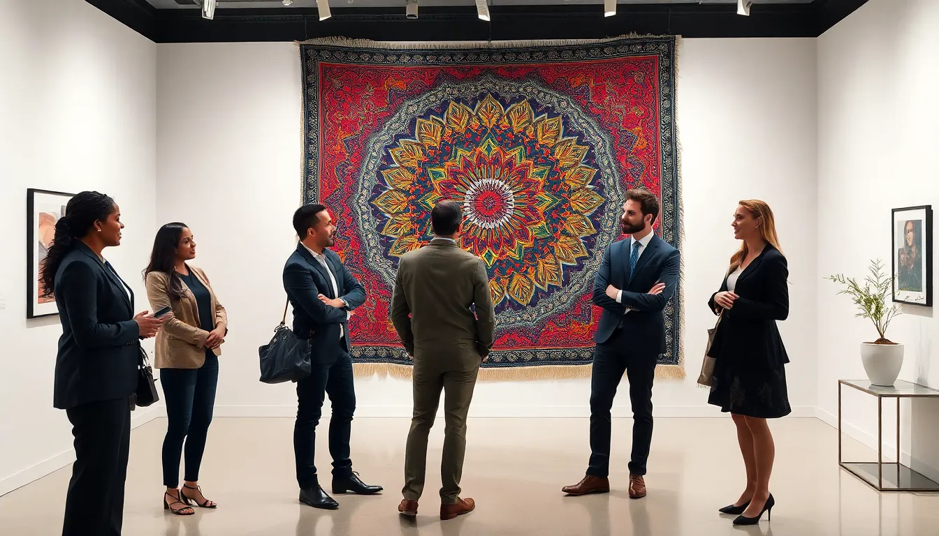diverse professionals discussing a tapestry in a modern gallery.
