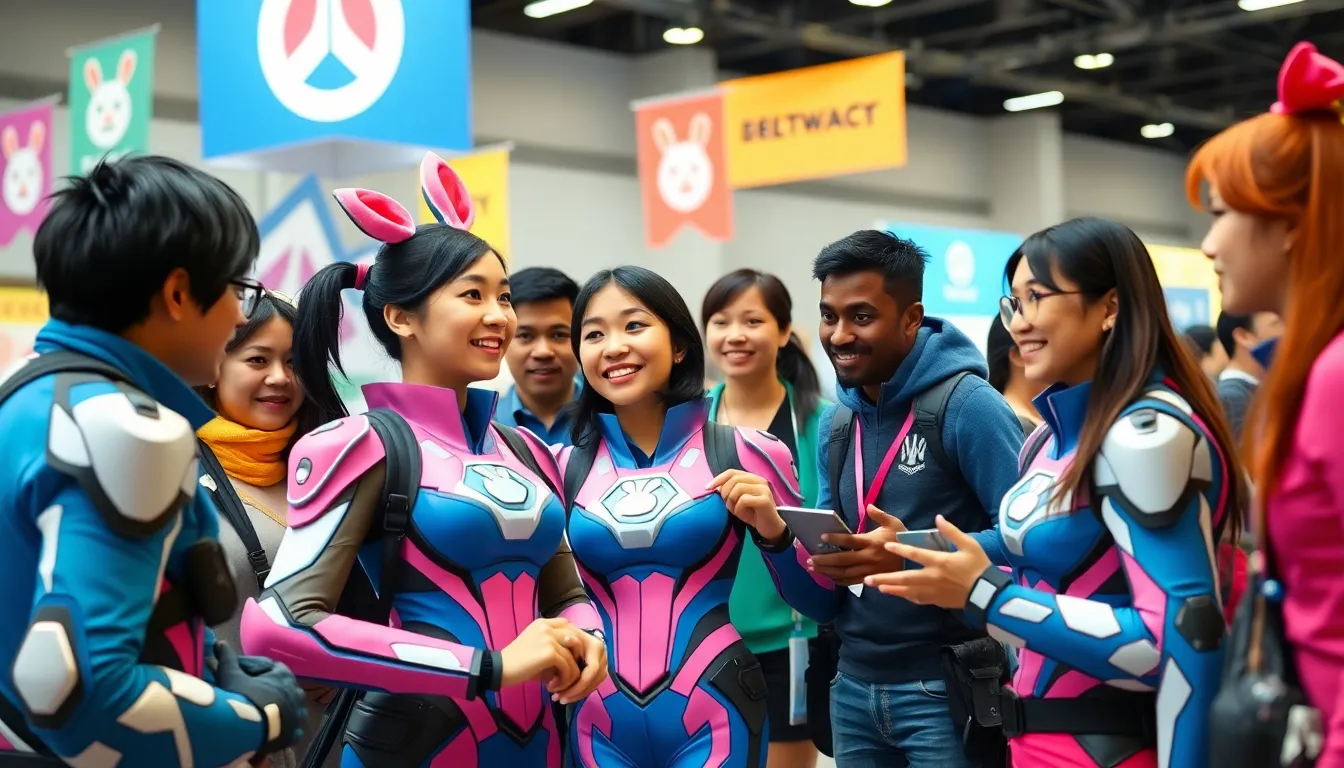 D.Va cosplayers discussing costume details at a lively convention.