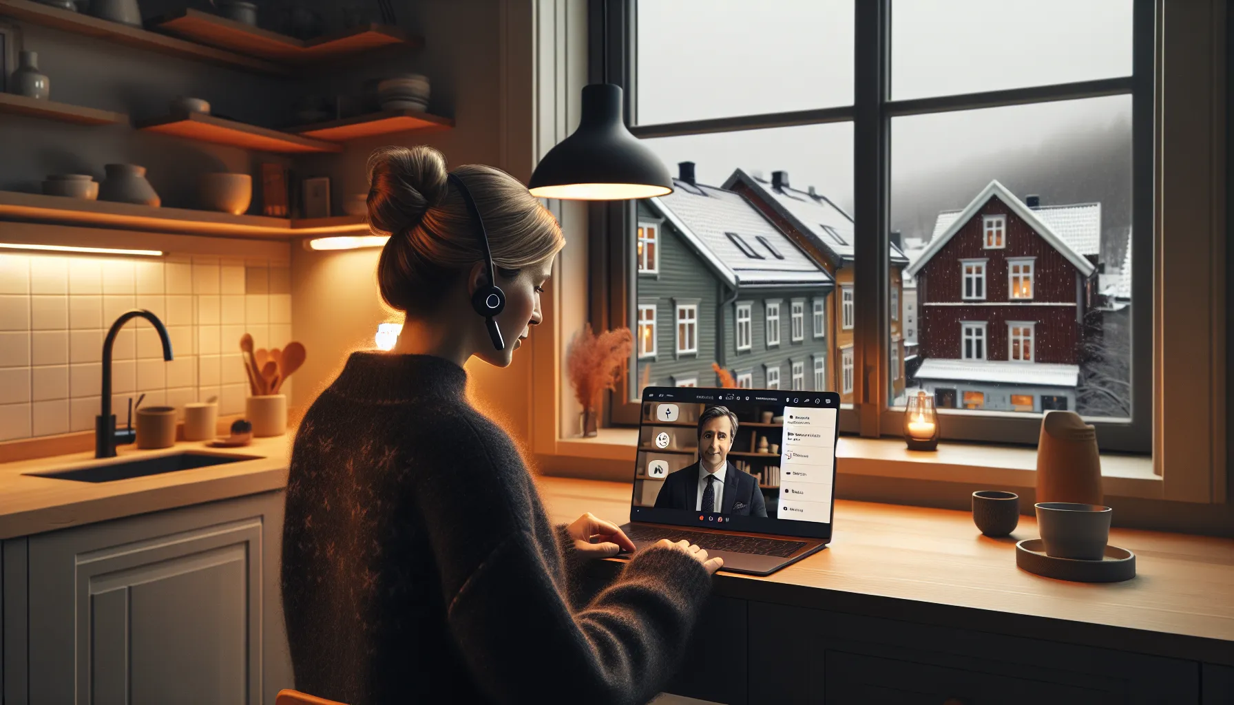 Woman in norway in a cozy home on a mental health video call.