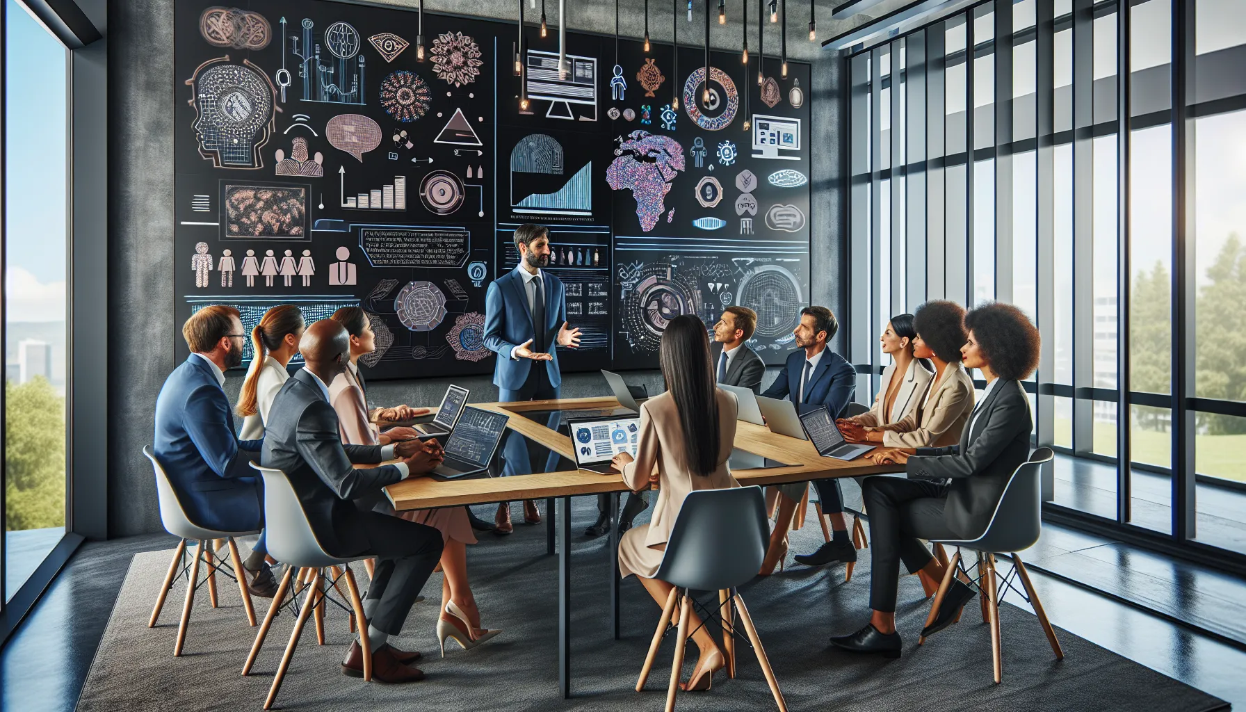 diverse team discussing linguistic trends in a modern office.