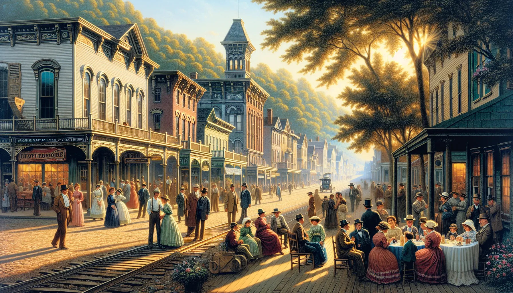 Historic Main Street in Tippaborough with diverse residents and vintage architecture.