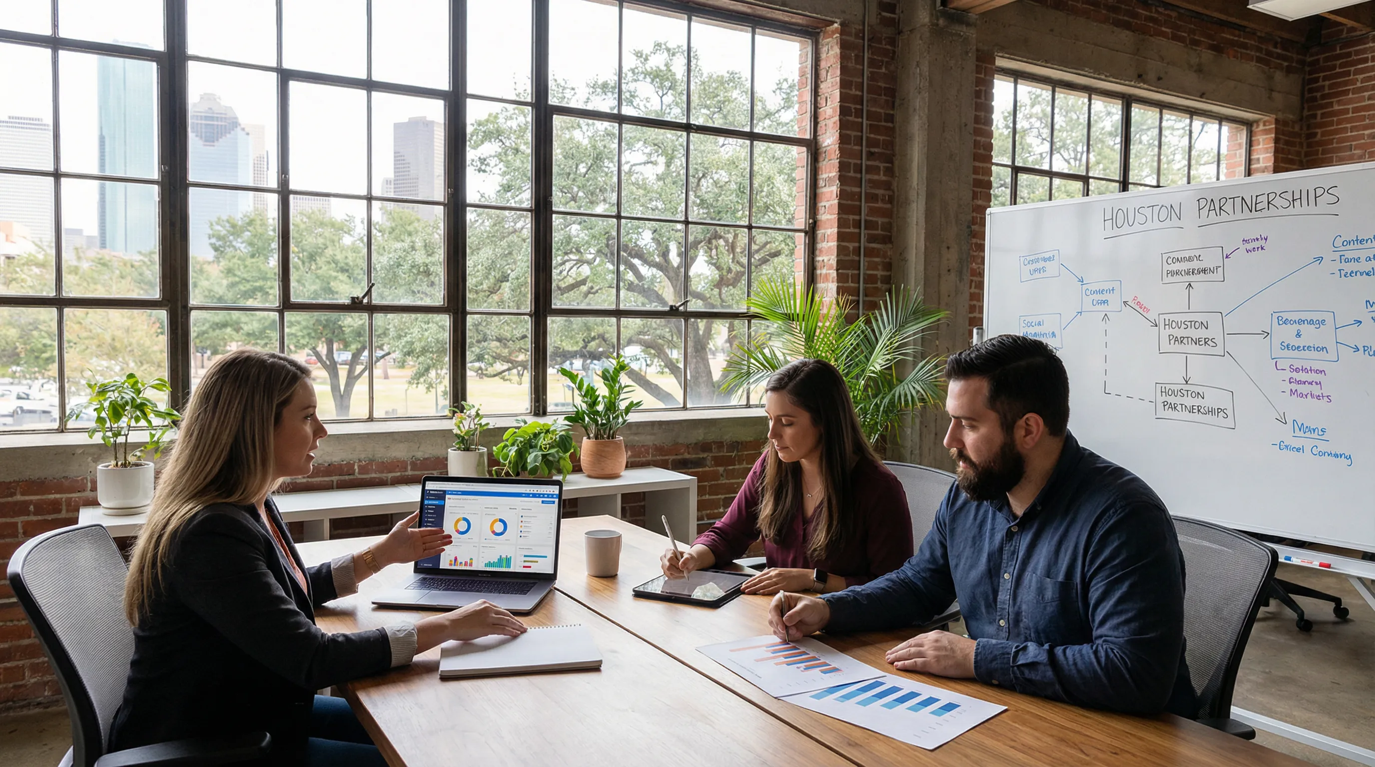 Houston social media marketing team collaborating in a bright modern office, reviewing content plans and analytics on laptops and printed charts around a shared table.