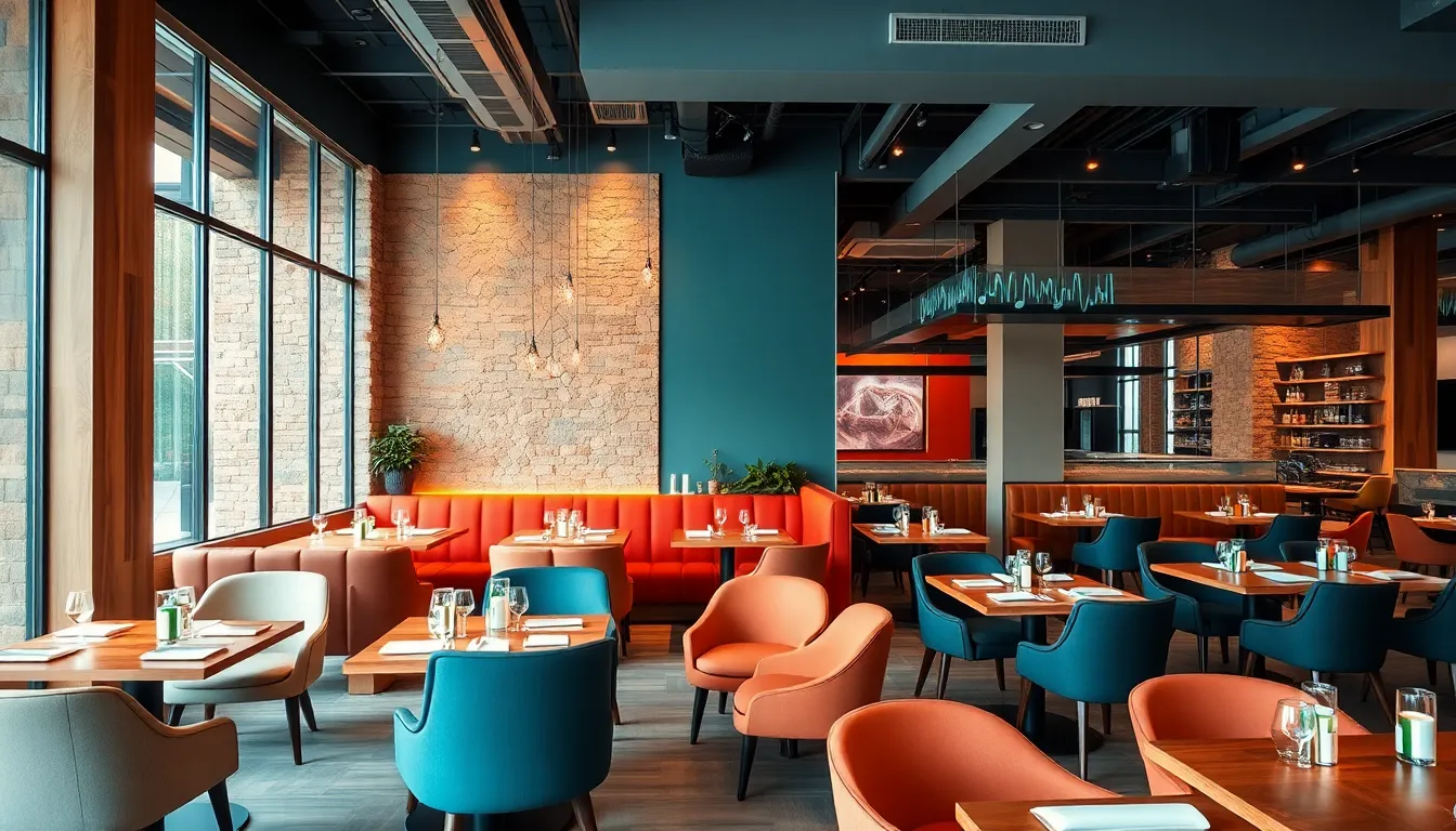 modern restaurant interior featuring warm colors and natural elements.