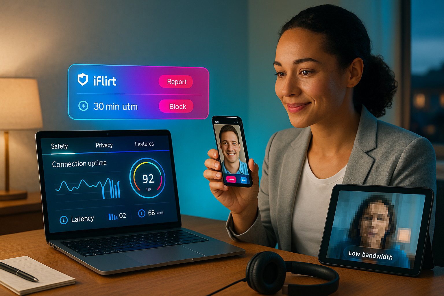 Reviewer testing iFlirt on phone and laptop with performance dashboards and moderation icons.