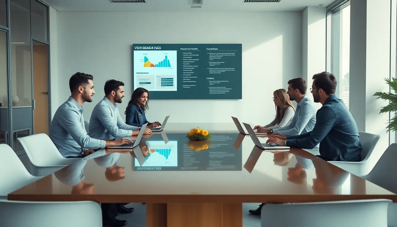 diverse team discussing technology VSH160364841663 in a modern office.