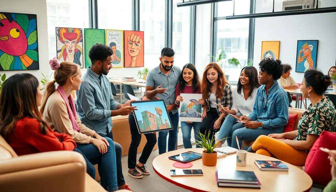 diverse artists collaborating in a lively creative workspace.