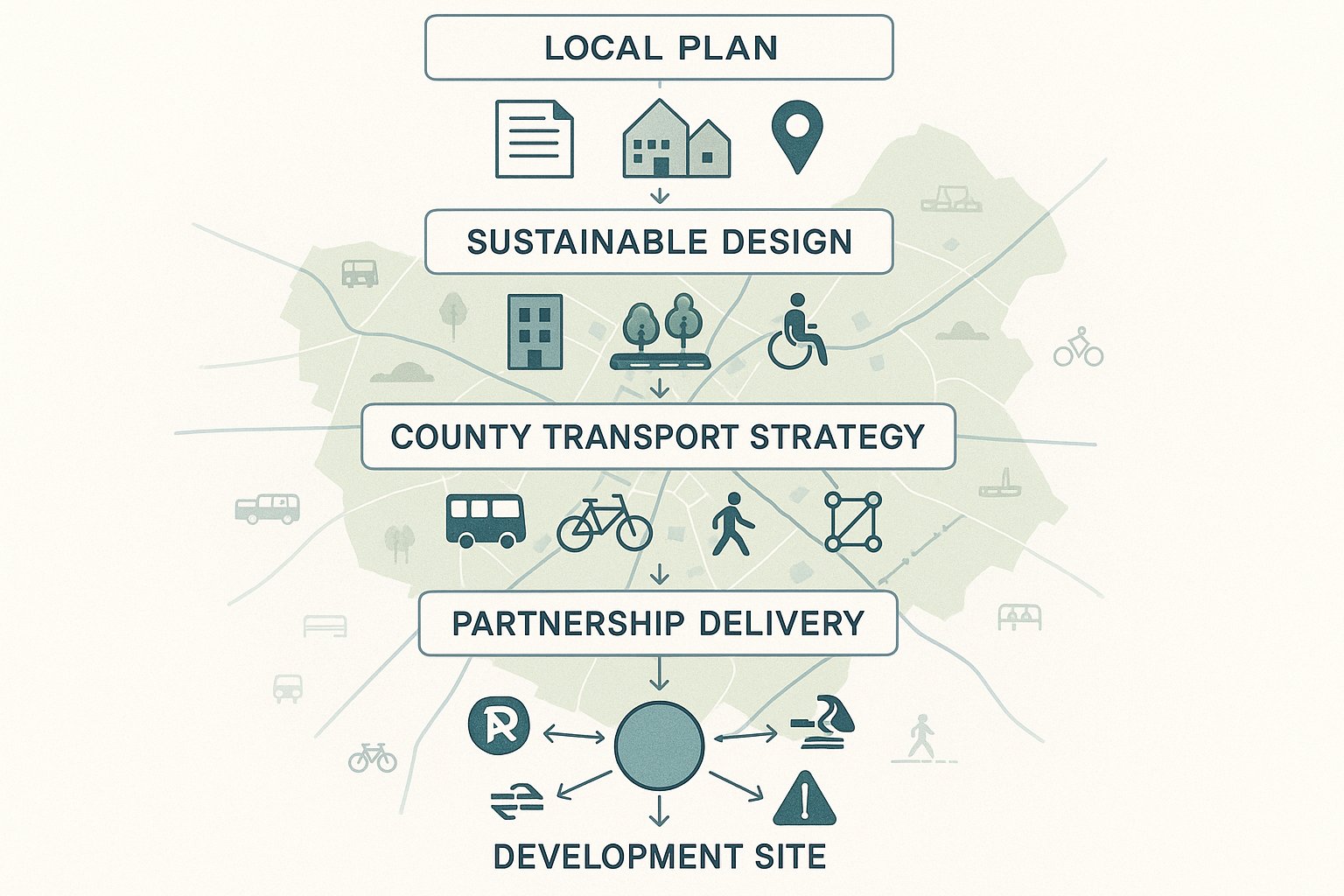 Cambridge transport planning policy layers guiding site access, mode shift, and mitigation.