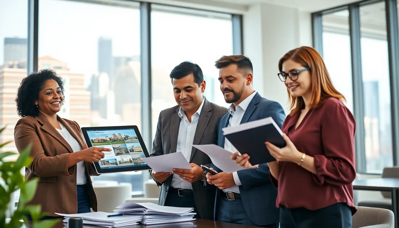 a diverse team conducting a meeting in a bright real estate office.