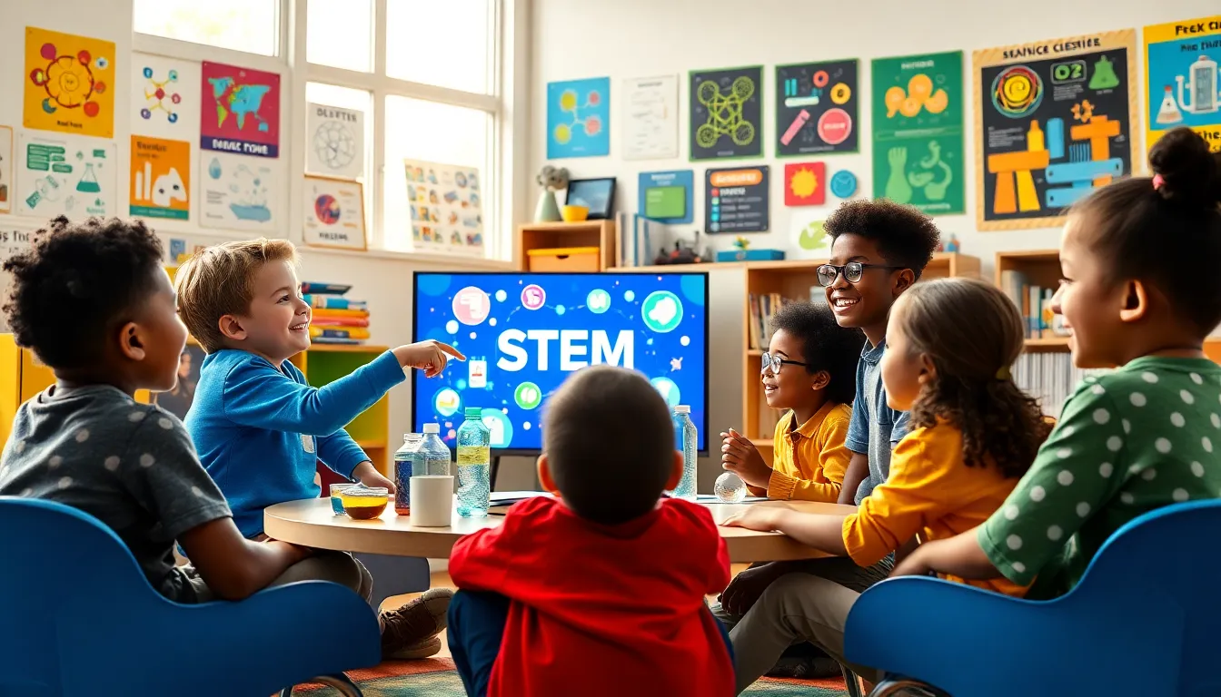 children engaged with a vibrant STEM show in a modern classroom.
