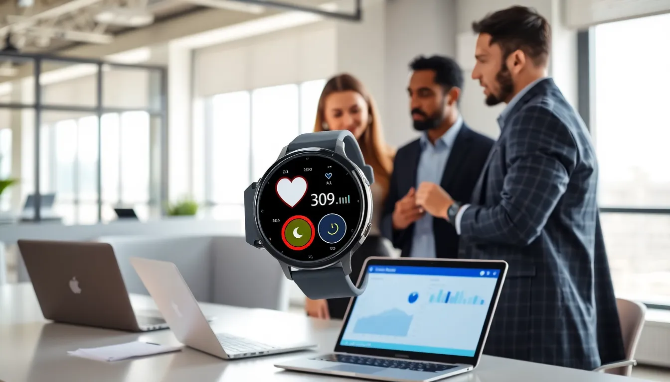 diverse professionals discussing biometric wearables in a modern office.