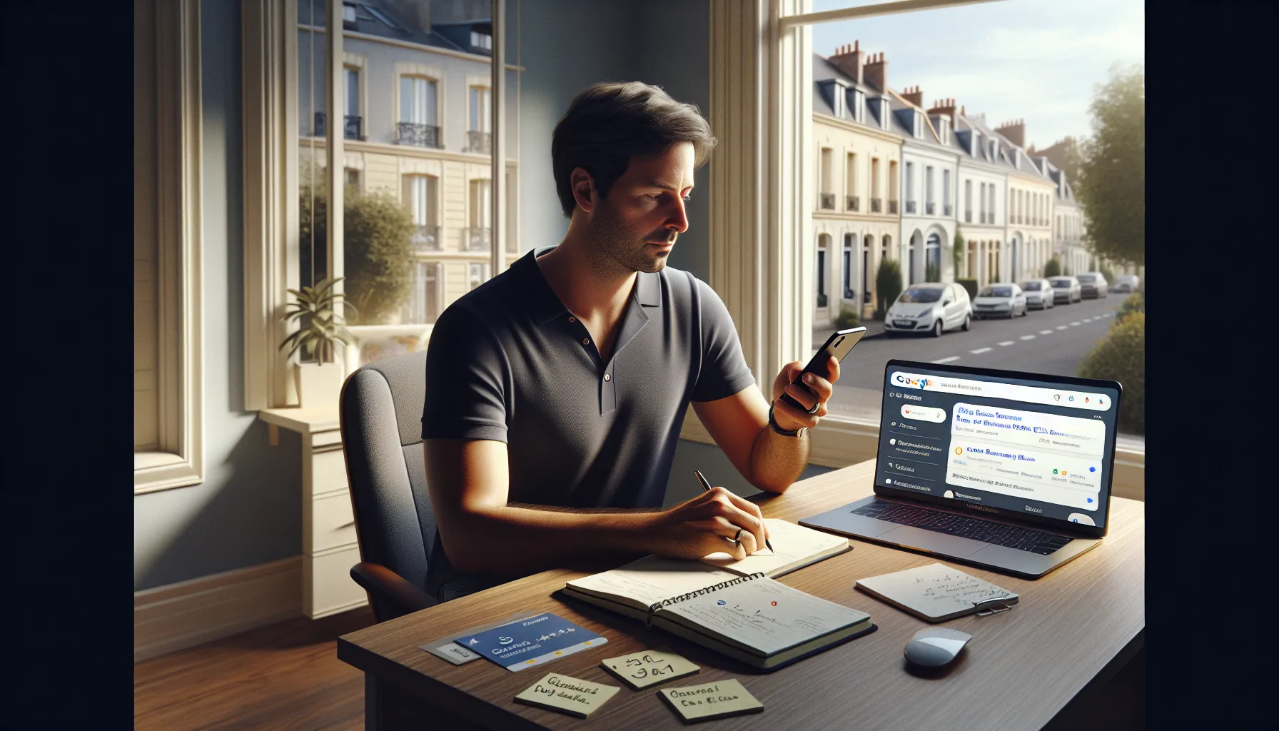 Small-business owner in Émerainville viewing local Google search results on his phone.