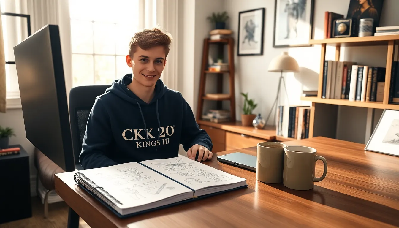 A young man using CK2Generator on a computer in a modern home office.