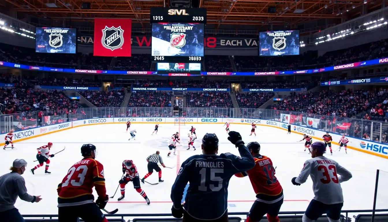 hockey players practicing on a vibrant rink with fans in the background.