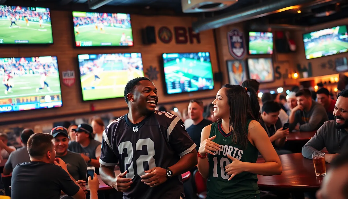 fans engaging in a lively sports bar, celebrating various sports events.