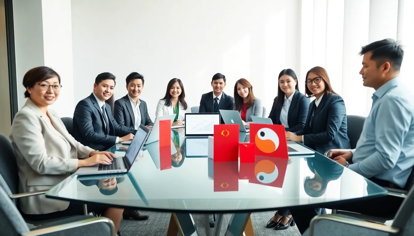 diverse business team discussing Chinese luck influences in a modern office.