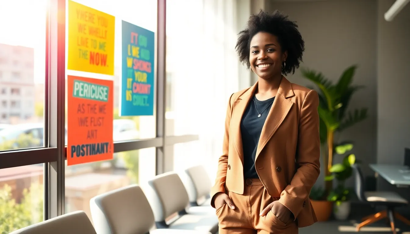Black girl smiling in a modern office with inspirational quotes.