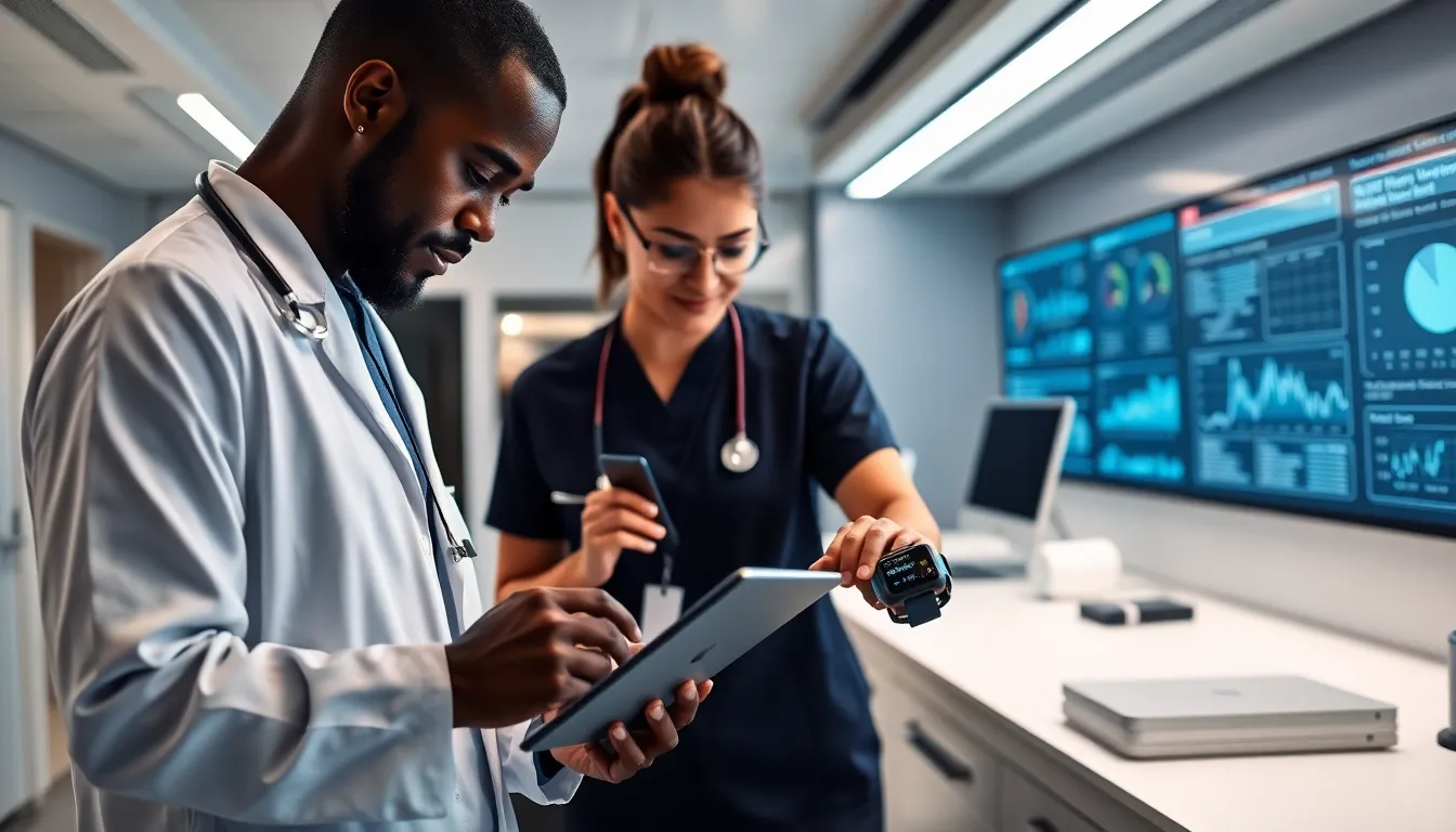 diverse healthcare team using IoT technology in a modern setting.