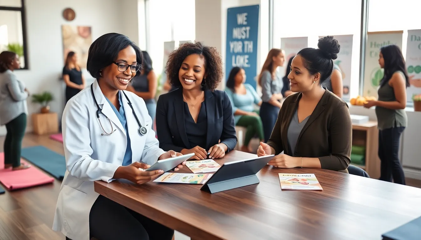 diverse women in a health and wellness center discussing health topics.