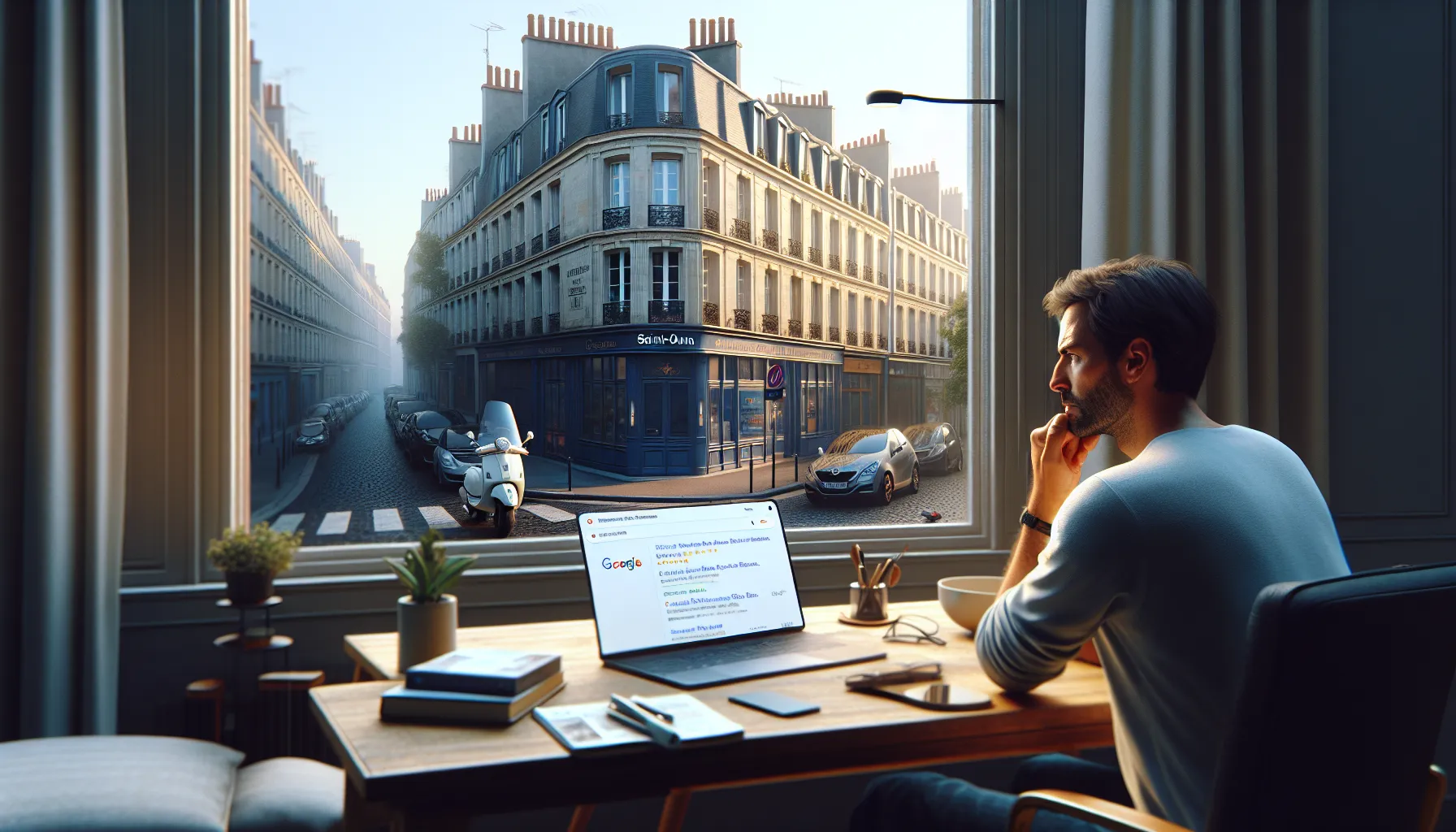 Small business owner in Saint-Ouen analyzing Google search results and local competitors.